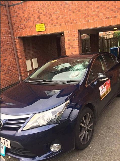 Driver Shakeel Zeb had his car smashed by a man with a sledgehammer on Brewerton Road, Clarksfield, in the early hours of Saturday Morning. He is a taxi driver with Crompton and Royton Cars.
