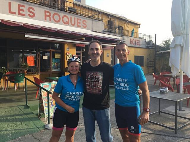 Graham Cooper and Julia Cooper cycled from Royton to Barcelona for charity. Pictured at Hotel Les Roques with the owner, in a village called Bascara on day 20