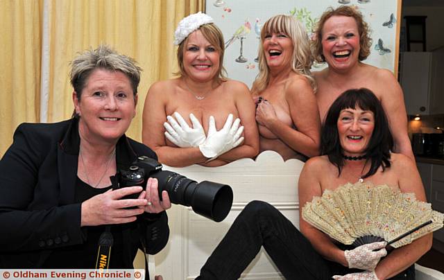 FRIENDS from Royton who have posed for the calendar, back, from left, Catherine Clift, Michelle Cameron, Karen Clift. Front, Angela Tate-Wright (with camera) and Jayne Nadin. 
