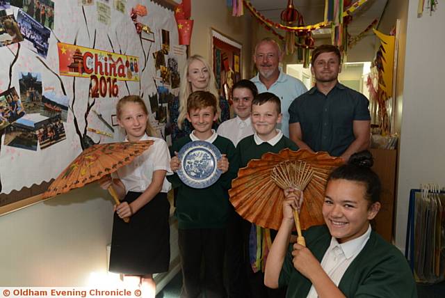 Pride in Oldham nominees, the trip to China by staff and pupils at Limehurst Primary School. Staff left to right, Rachel Robertson, Ian Wilson (head teacher), Tim Heywood. Pupils left to right, Elizabeth Crofts, Leon Rostron, Bethany Ledger, Kayson Flanagan, Alishyah Warburton.
