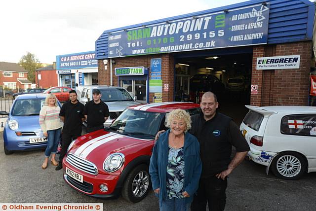 Pride in Oldham nominee Chris Hodson, manager at Shaw Autopoint, nominated by customer Norma Sanderson. Left to right, Carol Simkiss (Norma's daughter), Ismael Sultane, Richard Stewart, Norma Sanderson, Chris Hodson.