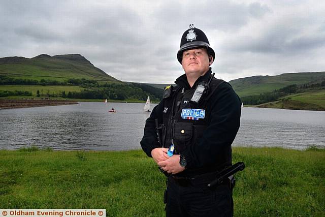 Police and other services meet at Dovestones reservoir. PC Lee Cullen lead the way