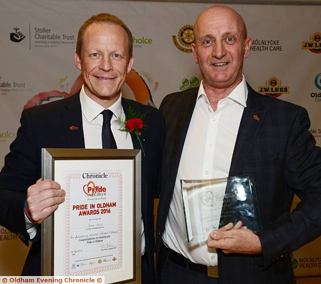 VOTE WINNER  . . . Oldham Evening Chronicle  Readers' Choice category winner Steve Hill (left) with the Chronicle managing editor David Whaley. 
