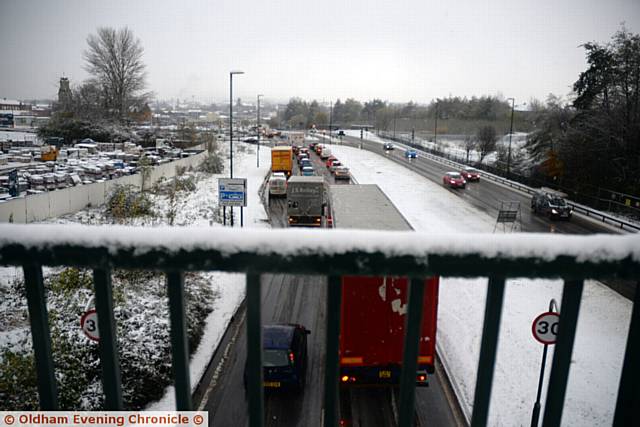 Snow traffic Oldham Way, Oldham