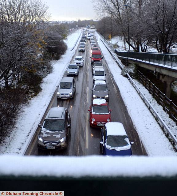 Snow traffic Oldham Way, Oldham