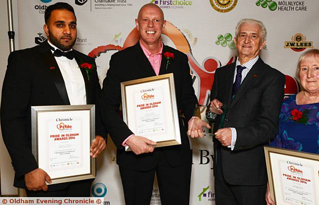 STERLING SERVICE . . . Voluntary category finalists Pride in Oldham Awards 2016, at Queen Elizabeth Hall. Pic shows Voluntary Award finalists left to right, Sajjad Malik, Greg Cookson, presenter Cllr. John Hudson, Hilary Thomas.
