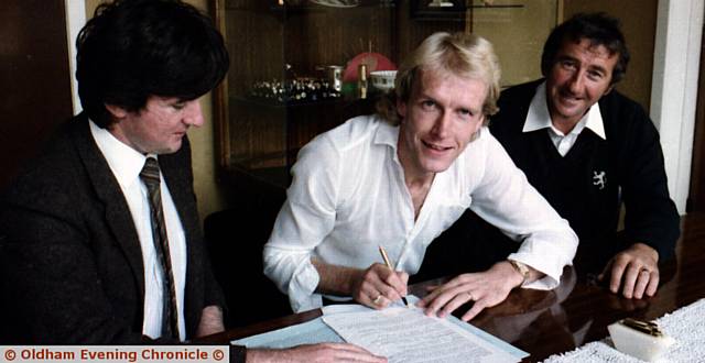 DONE DEAL . . . Paul Futcher signs for Athletic in1980, with manager Jimmy Frizzell (right) and club secretary Tom Finn looking on