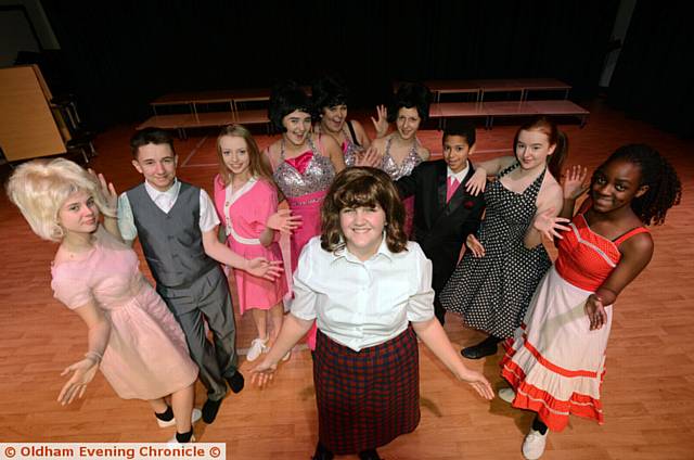 'HAIRSPRAY' dress rehearsal at Waterhead Academy. Phoebe Hunt (Tracy Turnblad), centre, with fellow cast members
