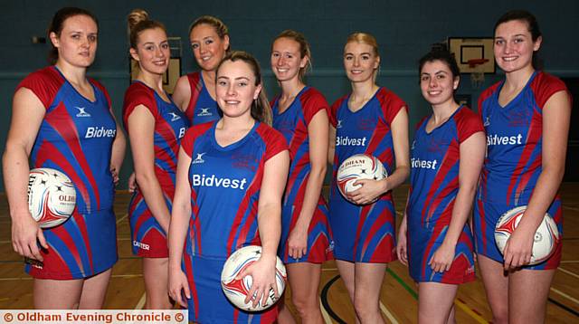 AT THE READY . . . Oldham Netball Club's Premier League team line up before their match against Turnford. Kerry Almond (left), Abigail Tyrrell, Krista Enziano, Emma Dovey, Kathryn Turner, Amelia Hall, Lucy Stevenson. Maria McAndrew (front).