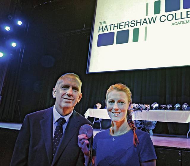 NICOLA White with Hathershaw College principal Dave McEntee at the school's annual presentation evening at the Queen Elizabeth Hall