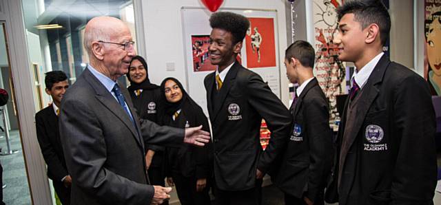 Official launch of the Manchester United Foundation partnership at Oldham Academy North.Sir Bobby Chalton with pupils Yassir Kassim and Rakib Miah.