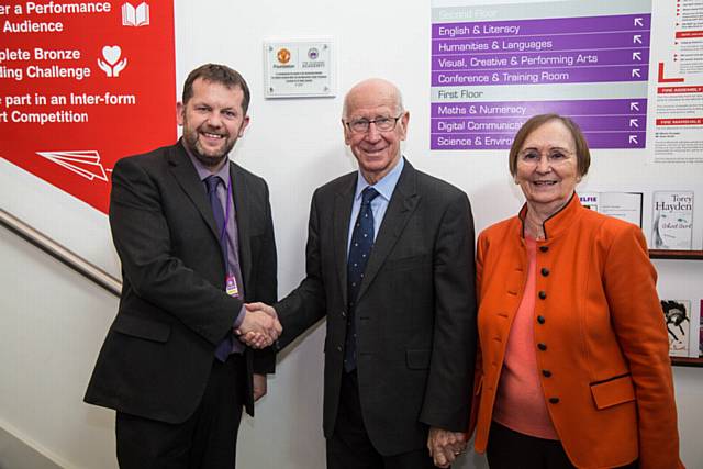 Official launch of the Manchester United Foundation partnership at Oldham Academy North (from left) headteacher Martin Knowles. Sir Bobby Chalton and Lady Norma Charlton.
