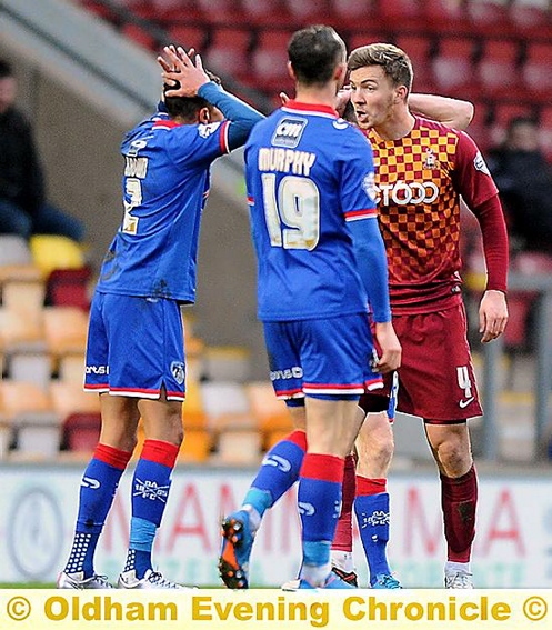 CONNOR BROWN . . . the Athletic full-back, pictured reacting after being sent off against Bradford and inset, will serve a three-game ban.
