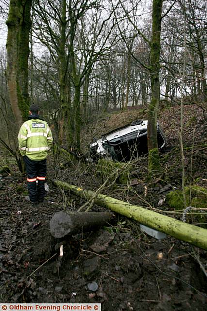 OFF THE ROAD . . . the Range Rover on its side in woodland.
