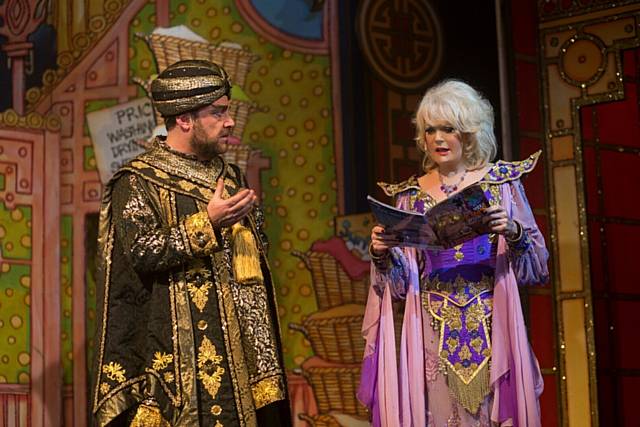 John Thomson has words with Sherrie Hewson in Aladdin at Manchester Opera House