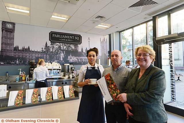 Newly-opened Parliament Square Cafe and Deli. Left to right, Shanay Pilgrim, owner Ross McGivern, Oldham Council leader Jean Stretton.
