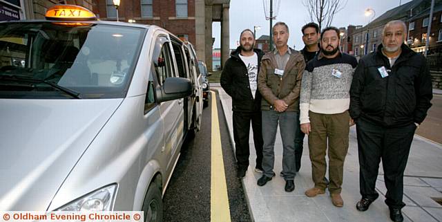 NOT HAPPY . . . Oldham hackney cab drivers Nakseer Hussain, Nek Alam, Malik Galzar Hussain, Mohammed Fayyaz and Matloob Hussain