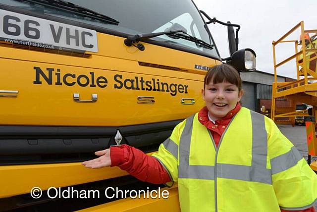 Royton Hall Primary School pupil Eve McGrath won a competition to name Oldham Council's latest gritter - Nicole Saltslinger - the latest addition to the council's nine-strong fleet which keep roads free of snow and ice.
