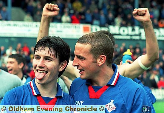 STAYING UP . . . Mark Innes (left) and Andy Holt after Athletic beat Reading to stave off relegation in 1999.
