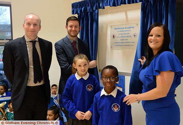 Official opening of Northmoor Academy by Jim McMahon M.P. Left to right, Antony Hughes (CEO Harmony Trust), Jim McMahon M.P., Courtney Kennedy (9), Caleb Narty (7), Children's Leadership Team, Jessica Hainsworth (executive principal).