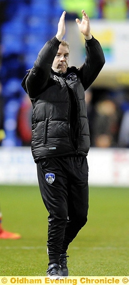 THANKS: Athletic manager John Sheridan claps the visiting fans after his side’s 1-0 win.
