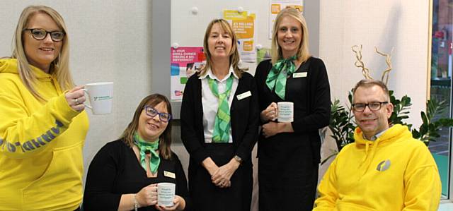 BREW CLUB funding boost Mahdlo's Claire Crossfield and David Kilmartin with (from the left) Vicky Buckley (YBS Customer Consultant), Jane Garforth (YBS Mortgage Consultant) and Laura Armitage (YBS Branch Manager)