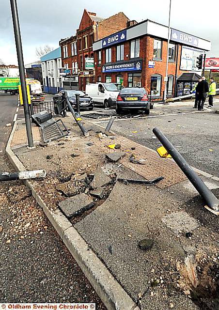The crashing Mercedes demolished traffic Islands at the Cross St and Huddersfield Road Junction