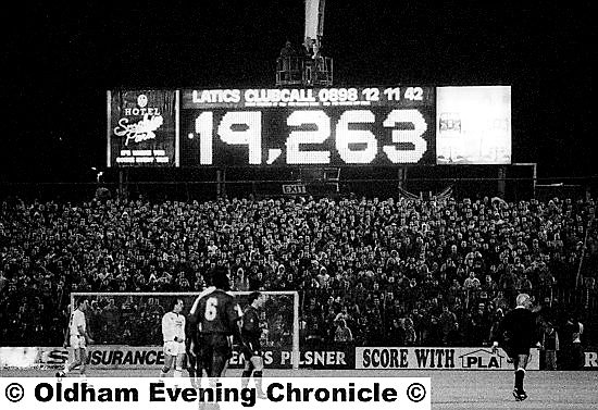 OLDHAM’s old scoreboard, shown for the West Ham game in February 1990.