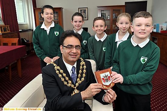 GIFT for afar: the Mayor presents Limehurst pupils, from left to right, Alishyah Warburton, Bethany Ledger, Leon Rostron, Elizabeth Crofts and Kayson Flanagan, with a plaque to take on their travels to China