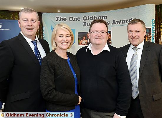 WELCOMING the finalists (l-r), awards steering group chairman Steve Kilroy, Laura Smart of KPMG, Aidan Towey of Innovative Technology and Paul Stewart of KPMG
