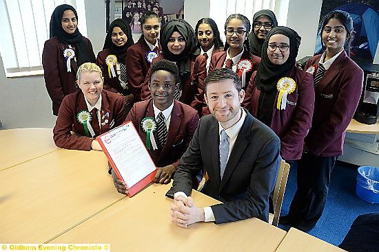 MP’s question time: Jim McMahon is pictured with election hopefuls at Hathershaw College.