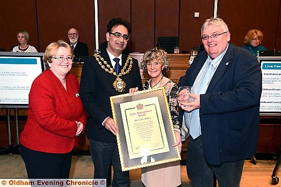 Pictured at the presentation of the Civic Appreciation Award are (from the left), council leader Jean Stretton, the Mayor, Councillor Ateeque Ur-Rehman; local historian Freda Millett, and Councillor Howard Sykes, leader of the opposition