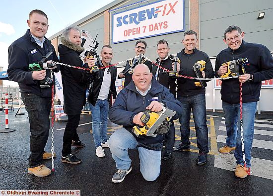 Manager Alan Nield (front), with Screwfix's Wayne Harwood, left, DJ Clint boon, chef Simon Wood, the Mayor, Barry Feegan from Oldham College, rugby star Barrie McDermott and Mark Young, assistant manager at Screwfix.