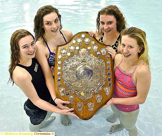 ALL SMILES: The Saddleworth School team were victorious in the Brown Shield relay. Pictured are team members Gemma Croft (left), Charlotte Bacon, Kate Leddy, Ruby Jones. 