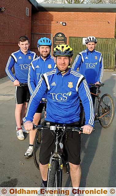 WHEELS IN MOTION . . . Saddleworth cricketers Daniel Poole, Danny Hesford, Ben Tunnicliffe and Ryan McGrath will ride between all 24 JW Lees Bitter Pennine Cricket League grounds on 24 on Saturday.