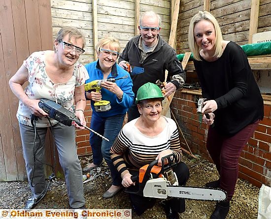 SheSheds, new DIY group for women, first meeting at Springhead Community Centre. Pic shows instigator Barbara Beeley (front centre) with left to right, Sandra Bridgehouse, Lynn Griffin, Tony Frampton (Men In Sheds), Christine Wilson (Saddleworth and Lees district team community development officer).