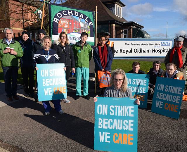 STRIKE action... Kirsty MacLean leads the junior doctors on the picket line at the Royal Oldham Hospital.