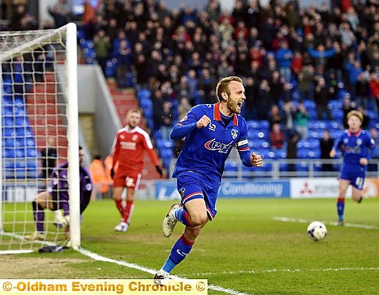 GOAL GLUT: Liam Kelly, shown celebrating his header against Swindon, has five for the season.