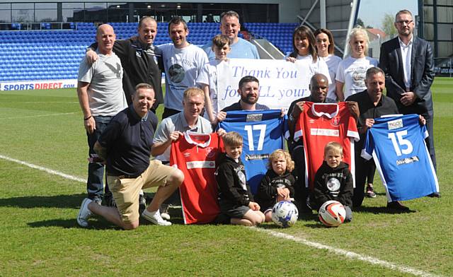 TEAM Ellis... footballing idols to clash at Boundary Park tonight to support Ellis Robinson (17), left paralysed after a football accident. Holding shirts are players ­— from left: Paul Scholes, John Mackin, Frank Sinclair and Mike Flynn 
