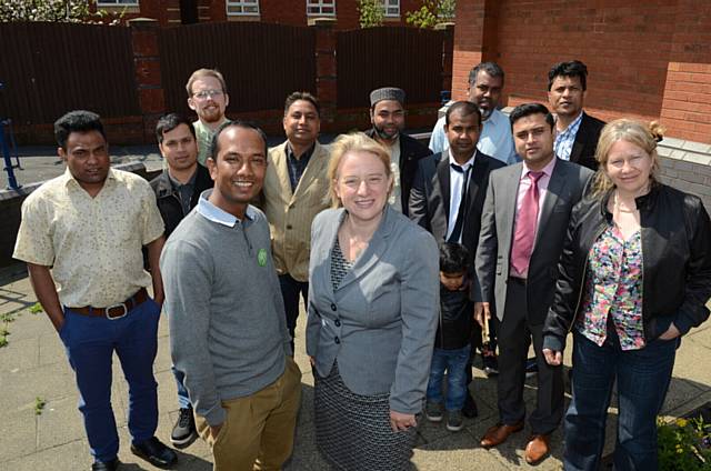 STEPPING down... Natalie Bennett, who has just announced she will stand down as Green Party leader, visits Oldham to thank volunteers for their support. Pic taken at Sabah Community Enterprise, Sabah Snack Bar, Westwood.