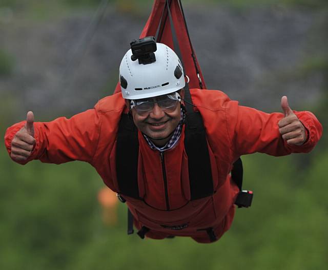 The Mayor of Oldham's Zip Wire Challenge at Penrhyn Quarry, Bethesda, North Wales. PIC shows  Mayor Ateeque Ur-Rehman on first zip wire.