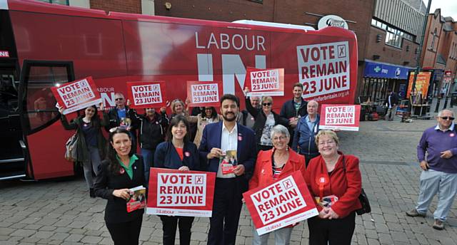 Labour battle bus to stay IN Europe arrives in Oldham. PIC (front) L-R: Debbie Abrahams MP, Lucy Powell MP, Afzal Khan MEP, Julie Ward MEP and Cllr Jean Stretton (OMBC Leader). Other councillors and supporters behind.
