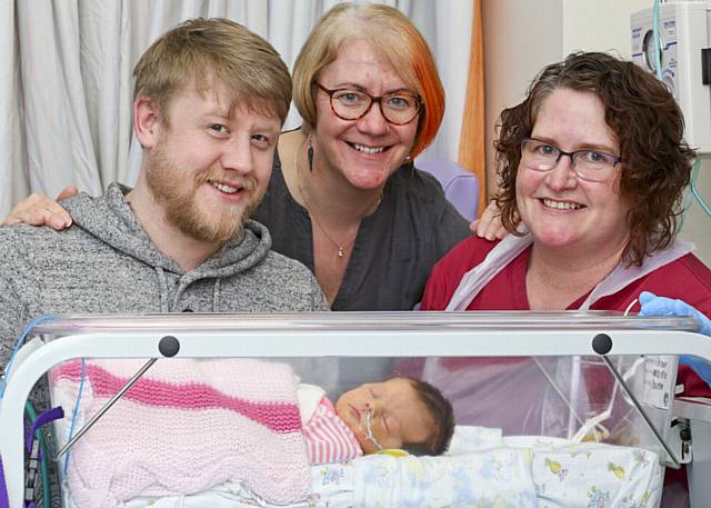 Adam Macfarlane, Minnie's father; Dr Lydia Bowden, consultant neonatologist and Yvonne Memory, advanced practitioner radiology.