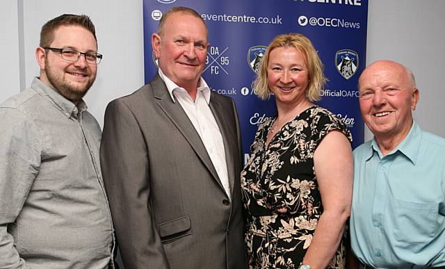 FAN POWER . . . Trust Oldham's dinner helped raise cash for a new score board. Pictured are Trust directors Simon Colebrook (left), Mark Harrington,Tracy Wright and Ray Coverley.