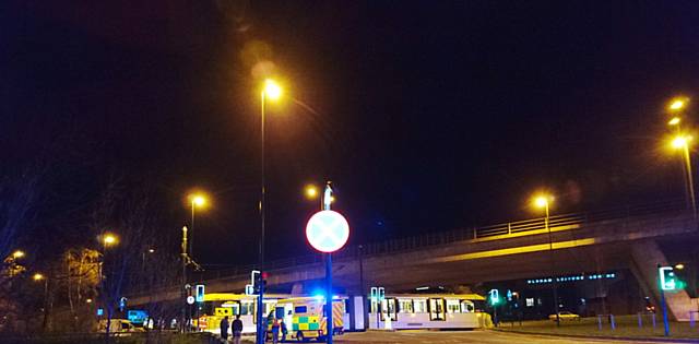 Tram crash at Manchester Street roundabout, Oldham.