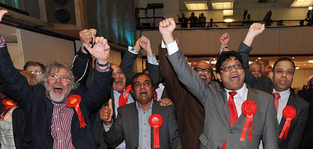 Winner: Councillor Abdul Jabbar and supporters react to the declaration