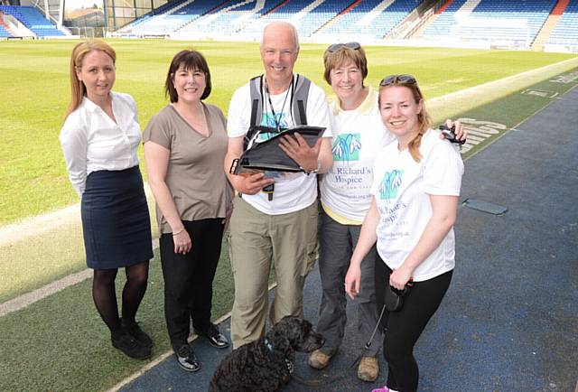 FINISHED . . . from left Jenny Warburton (Oldham Athletic), Lindsay Robinson (Damien Doran’s cousin), Nick Tamblyn, Nick’s dog Dillon, Sue Tamblyn (Nick’s wife) and Claire Tamblyn (Nick’s daughter)