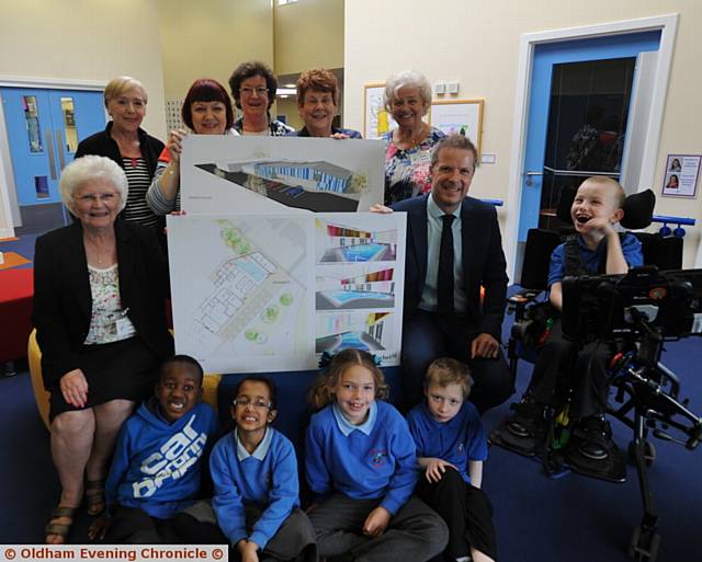 THE Woman of Oldham Committee, who has adopted the Kingfisher School Hydrotherapy Pool Appeal, with pupils and (front) Chairman Margaret Chadderton and Michael Unsworth, business director.