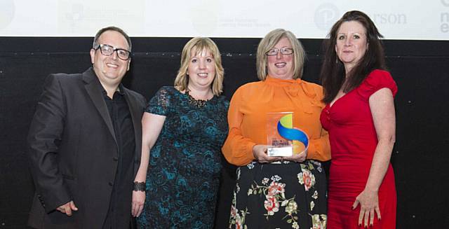 WELL done . . . (from left) host Justin Moorhouse, Bury College assessor Catherine Lee, Kerry O'Keefe and head of youth initiatives Nicola Hutchins