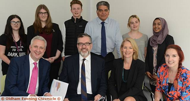 IVAN Lewis MP visits Oldham College to discuss the post of Mayor of Manchester, among other subjects. Back left to right, students Chelsea Ramsden, Gemma Rothwell, Joe Witney, Tariq Amin (president Asian Business Association), Kirsty Regan, Malia Begum (students). Front left to right, Ivan Lewis, Alun Francis (principal Oldham College), Laura Smart (KPMG), Jo Taylor (vice-president Oldham Chamber of Commerce)